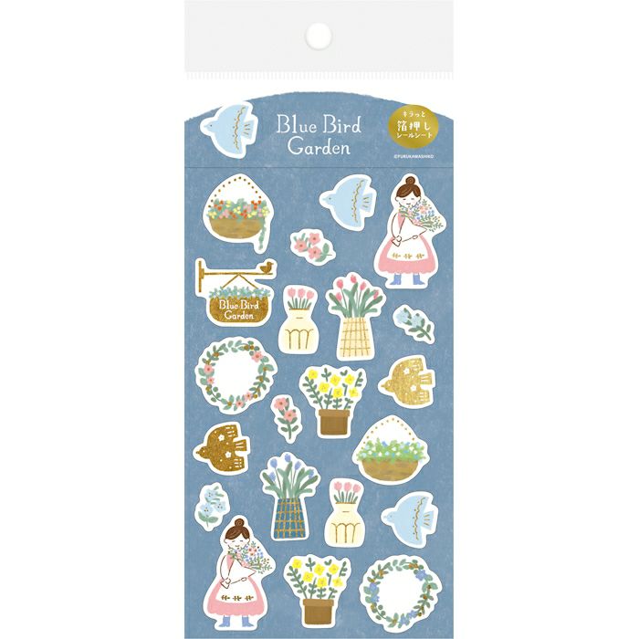 Furukawa Paper Works Little Girl Shopkeepers Collection Sticker Sheet with Gold Foil - Blue Bird Garden