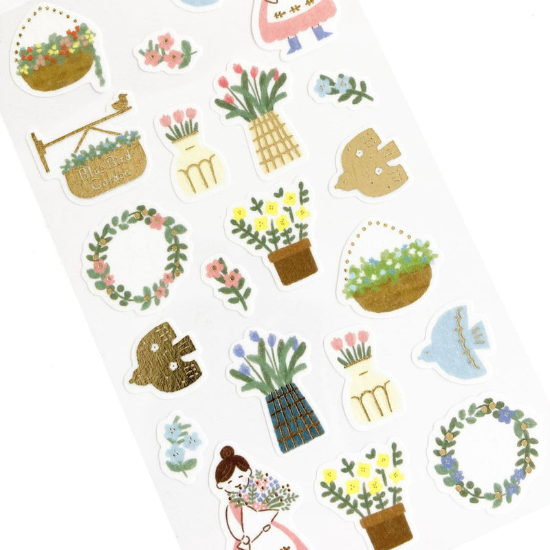 Furukawa Paper Works Little Girl Shopkeepers Collection Sticker Sheet with Gold Foil - Blue Bird Garden