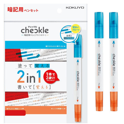 Kokuyo Checkle 2-in-1 Memorisation Pen Bright Colour Set for Study (Blue & Orange)