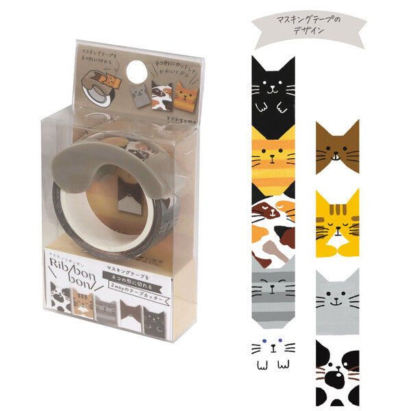 Kutsuwa Ribbon Bon Washi Tape with 2 Way Cutter - Cat